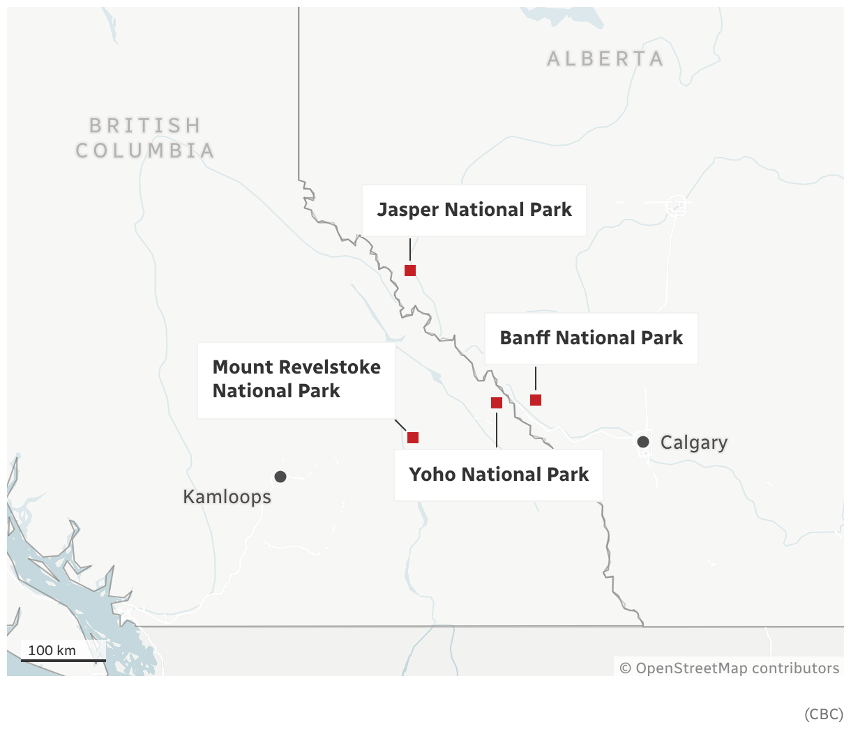 A locator map in grey-blue neutral tones mapping Calgary, Kamloops and four national parks: Jasper National Park, Banff National Park, Yoho National Park and Mount Revelstoke National Park.