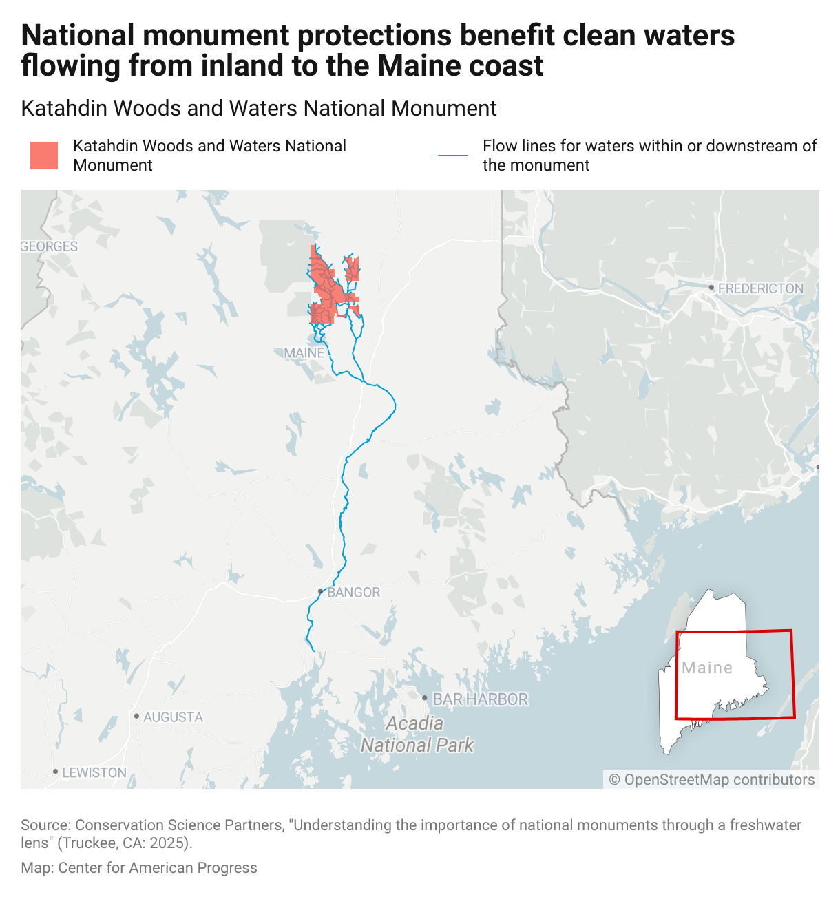 Map of Katahdin Woods and Waters National Monument and the waters flowing within and downstream of it.