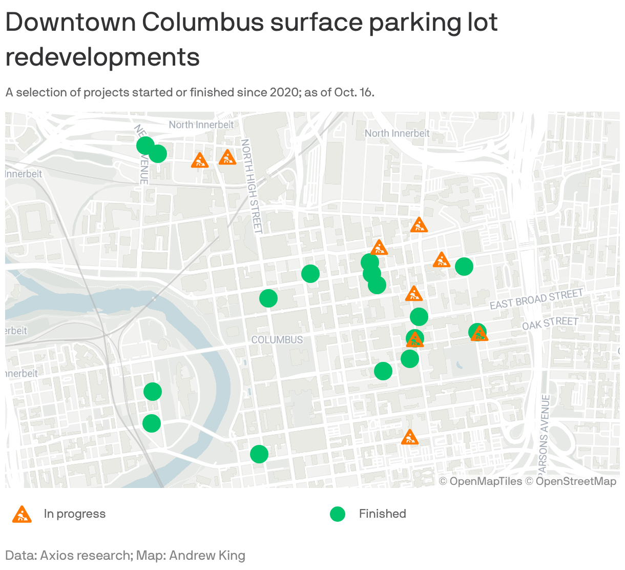A map of recent and upcoming downtown redevelopment projects at Columbus surface parking lots.