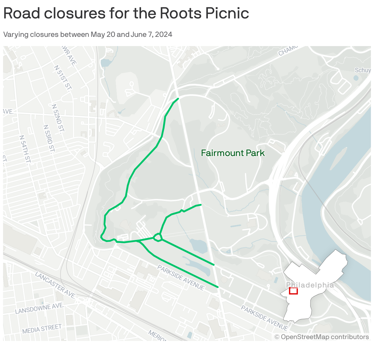 A map showing road closures between May 20 and June 7, 2024 for the Philadelphia Roots Picnic. Main roads within the park west of Belmont will largely be closed. 