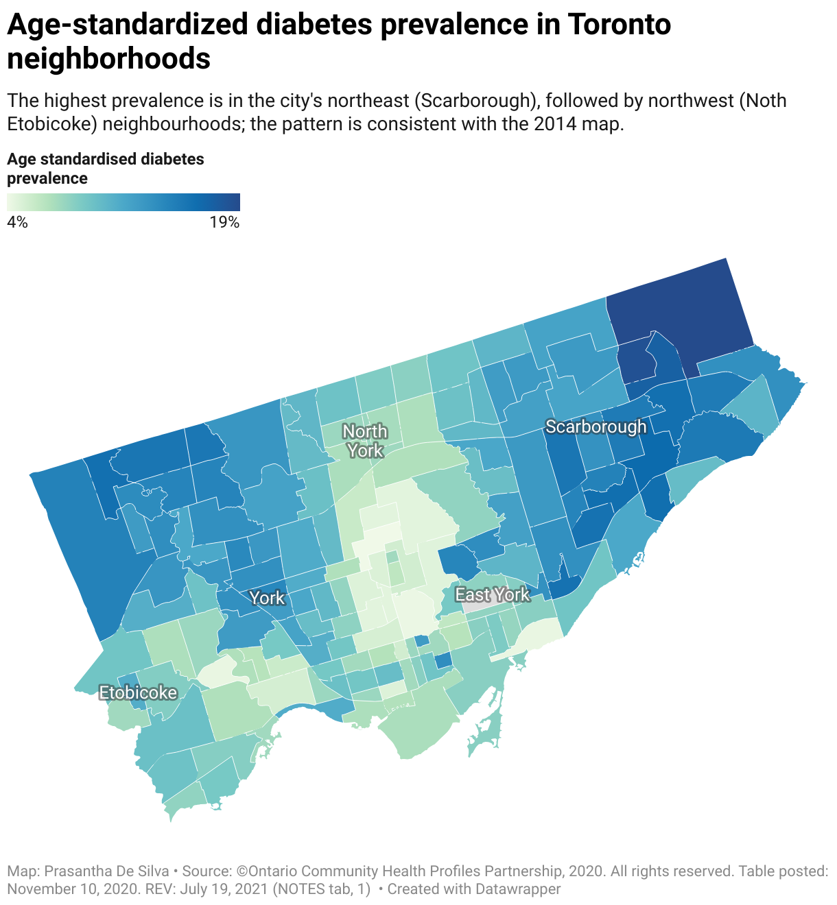 The map details age-standardized diabetes prevalence in Toronto neighbourhoods. 