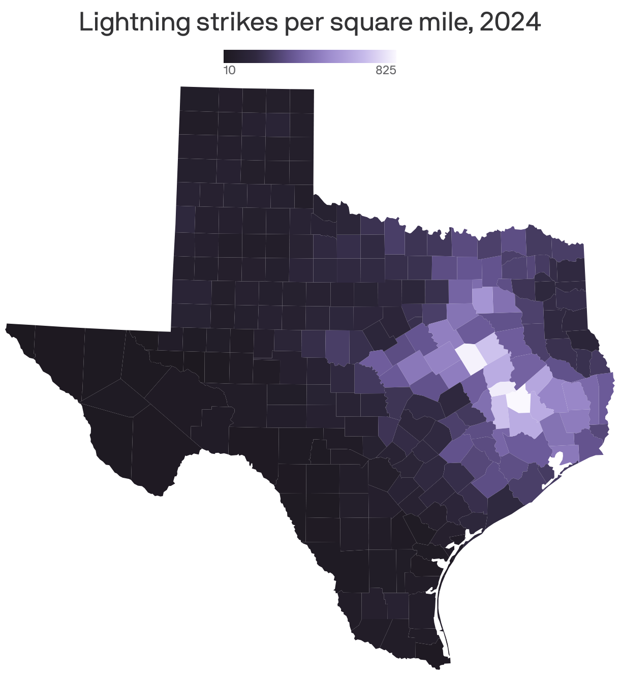 A map showing lightning strikes per square mile in 2024.