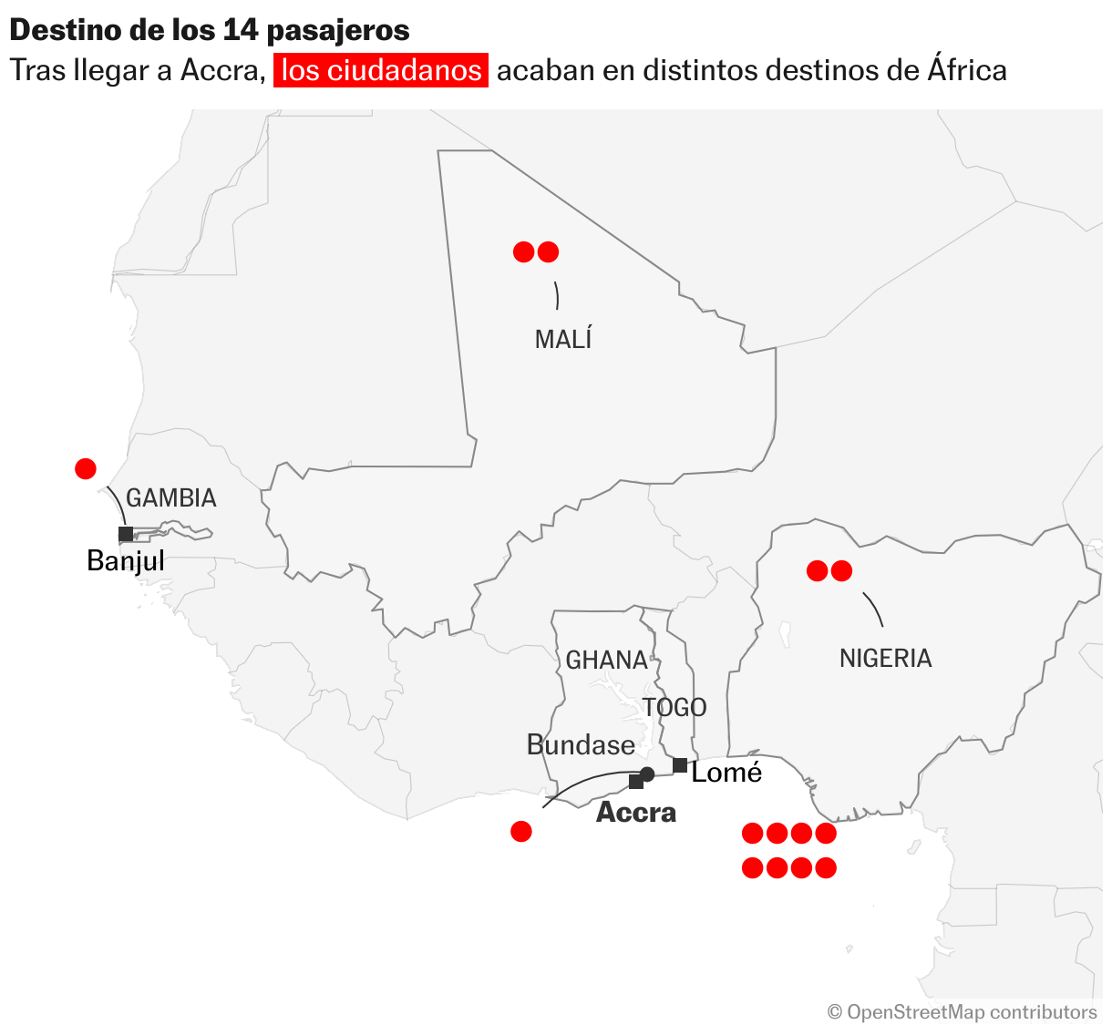 Destino de los 14 pasajeros (Mapas de ubicación)