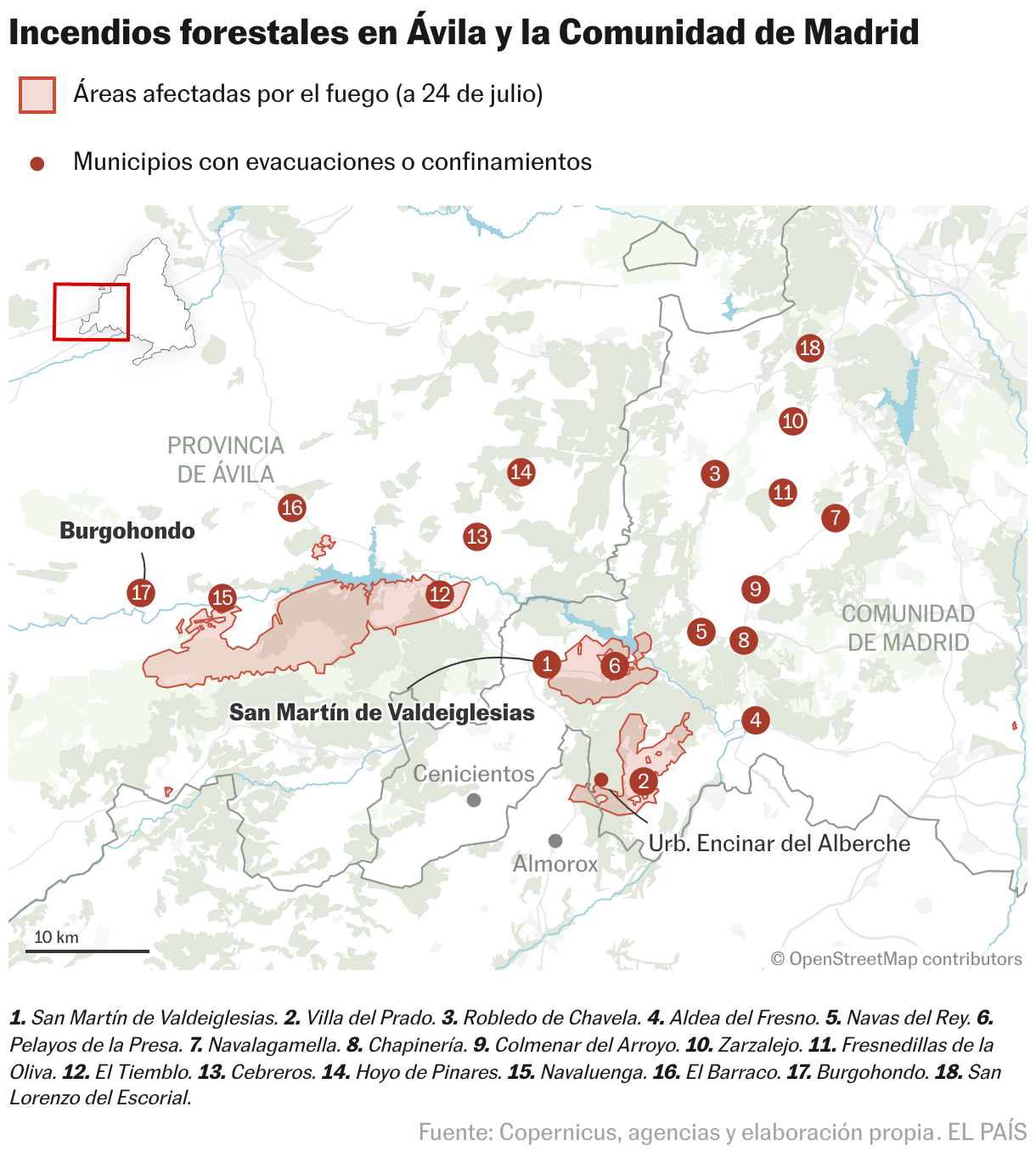 Incendios forestales en Ávila y la Comunidad de Madrid (Mapas de ubicación)