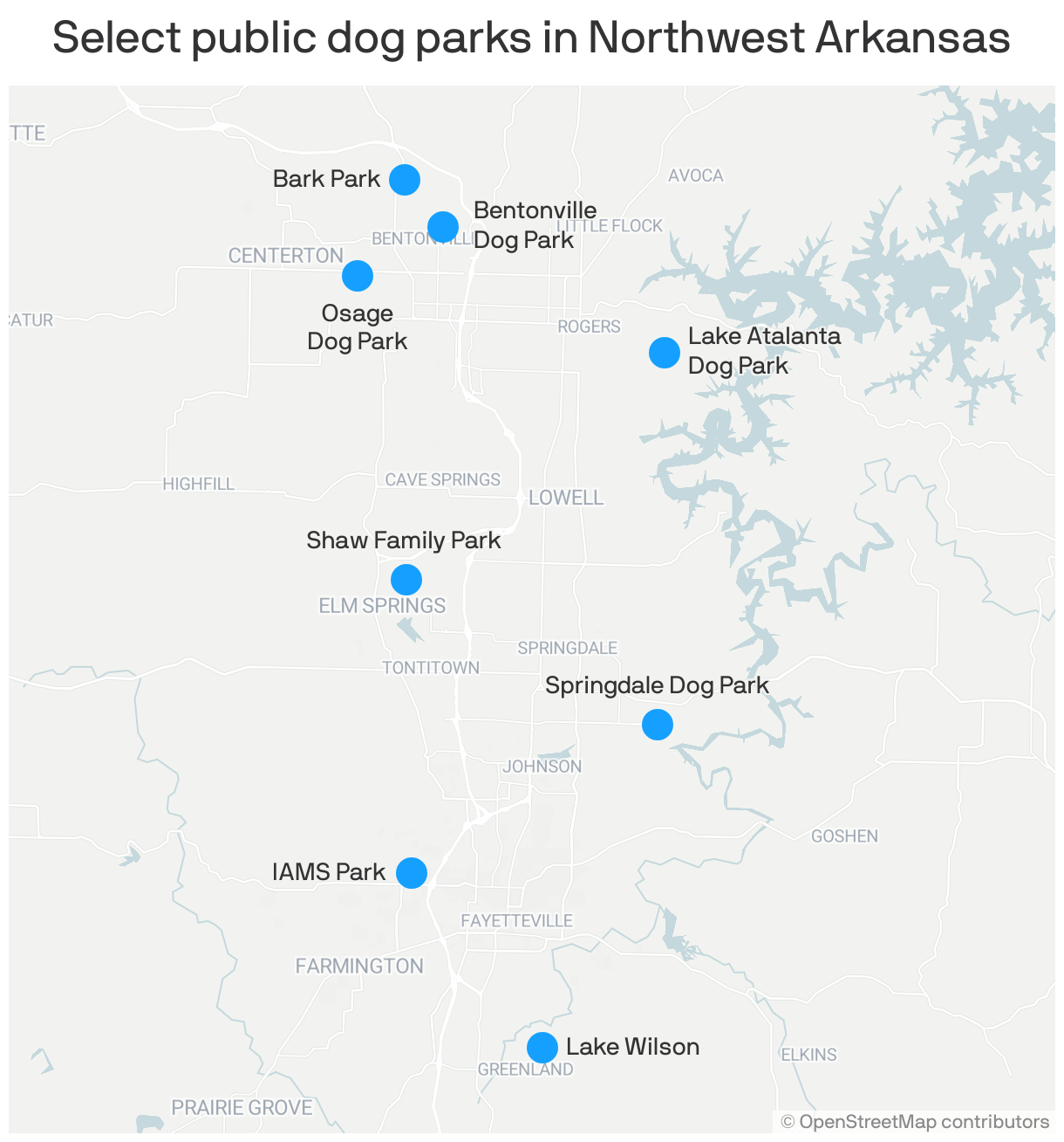 A map shows eight public dog parks in the Northwest Arkansas area.