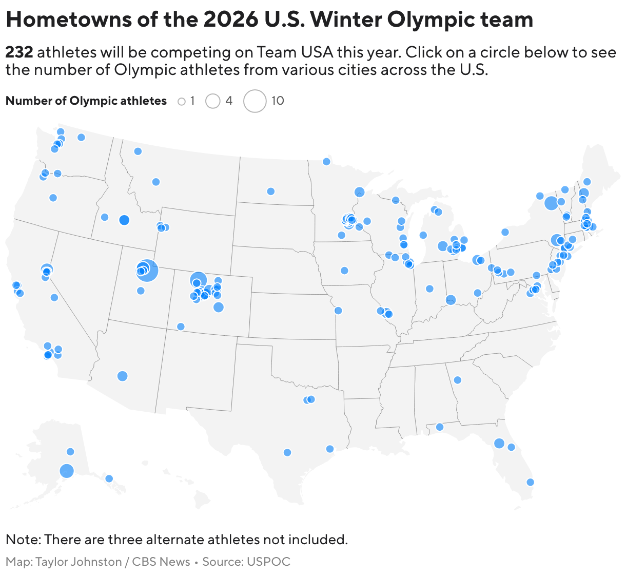 Hometowns of the 2026 U.S. Winter Olympic team (Symbol map)