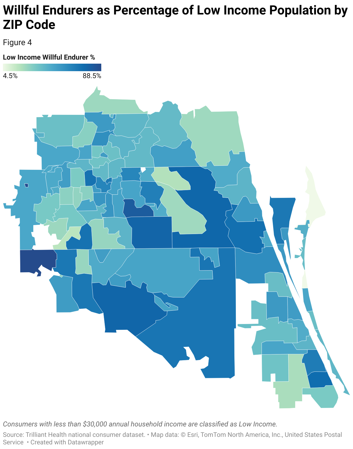 A map of Florida’s Medicaid Region 7 shows the percentage of the low-income population in each ZIP Code who are Willful Endurers.