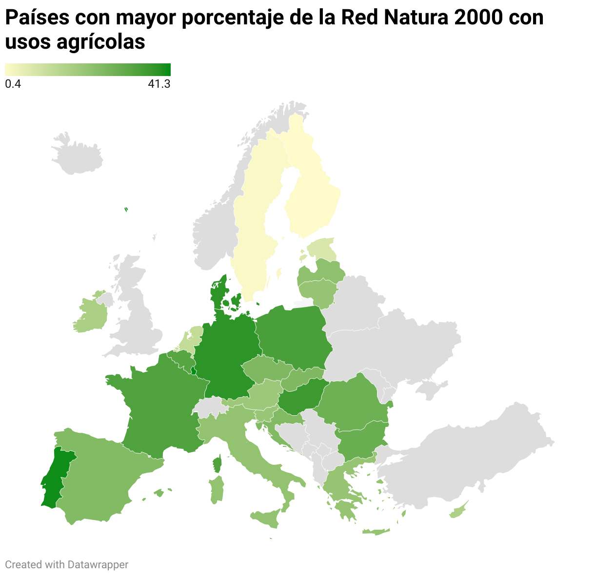 Países con mayor porcentaje de la Red Natura 2000 con usos agrícolas (Choropleth map)