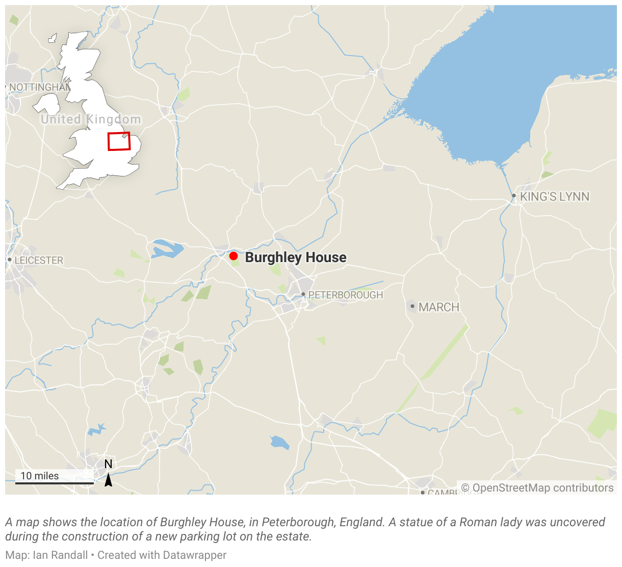 A map shows the location of Burghley House, in Peterborough, England.