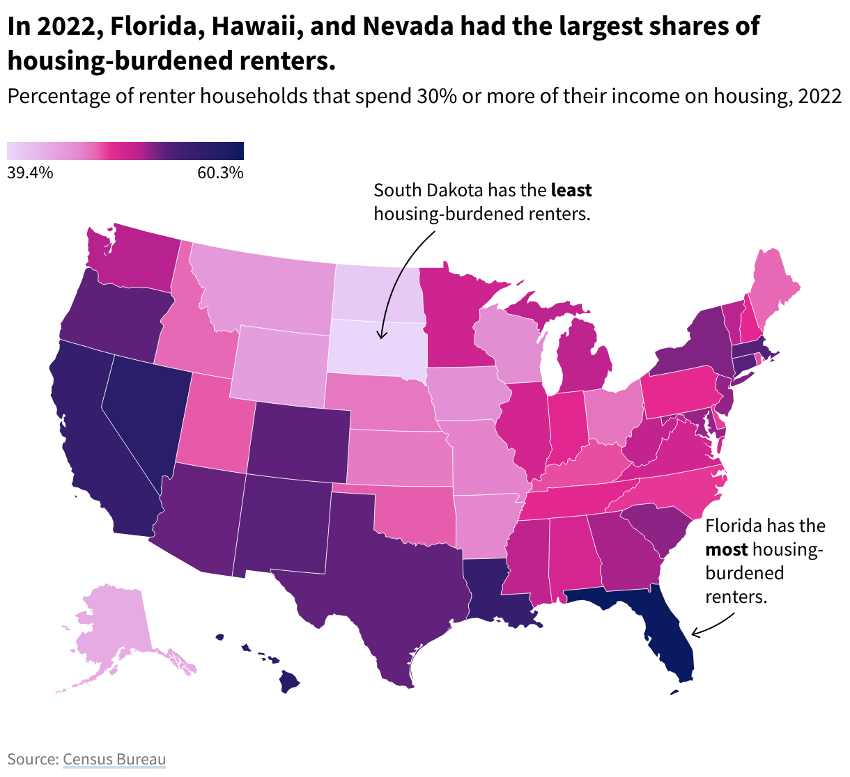 US state map showing the percentage of renter households that spent 30% or more of their income on housing in 2022.