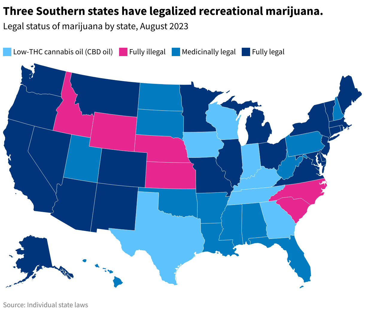 Map showing the legal status of marijuana by state, August 2023. 23 states have legalized recreational marijuana. 