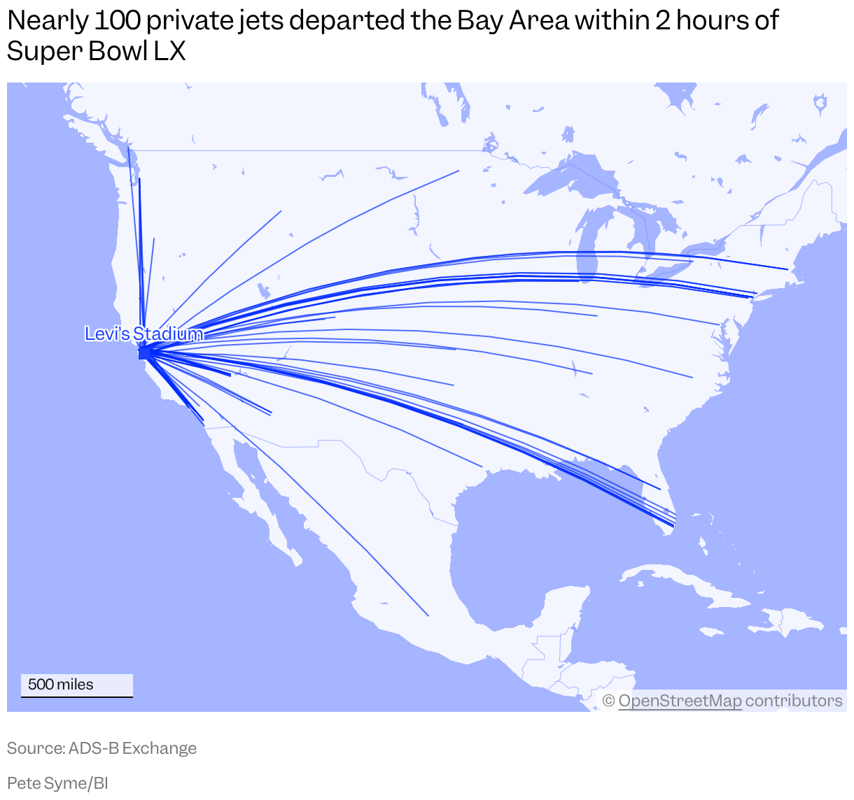 A map of North America shows several private jet flight paths from the Bay Area extending across the continent after Super Bowl LX