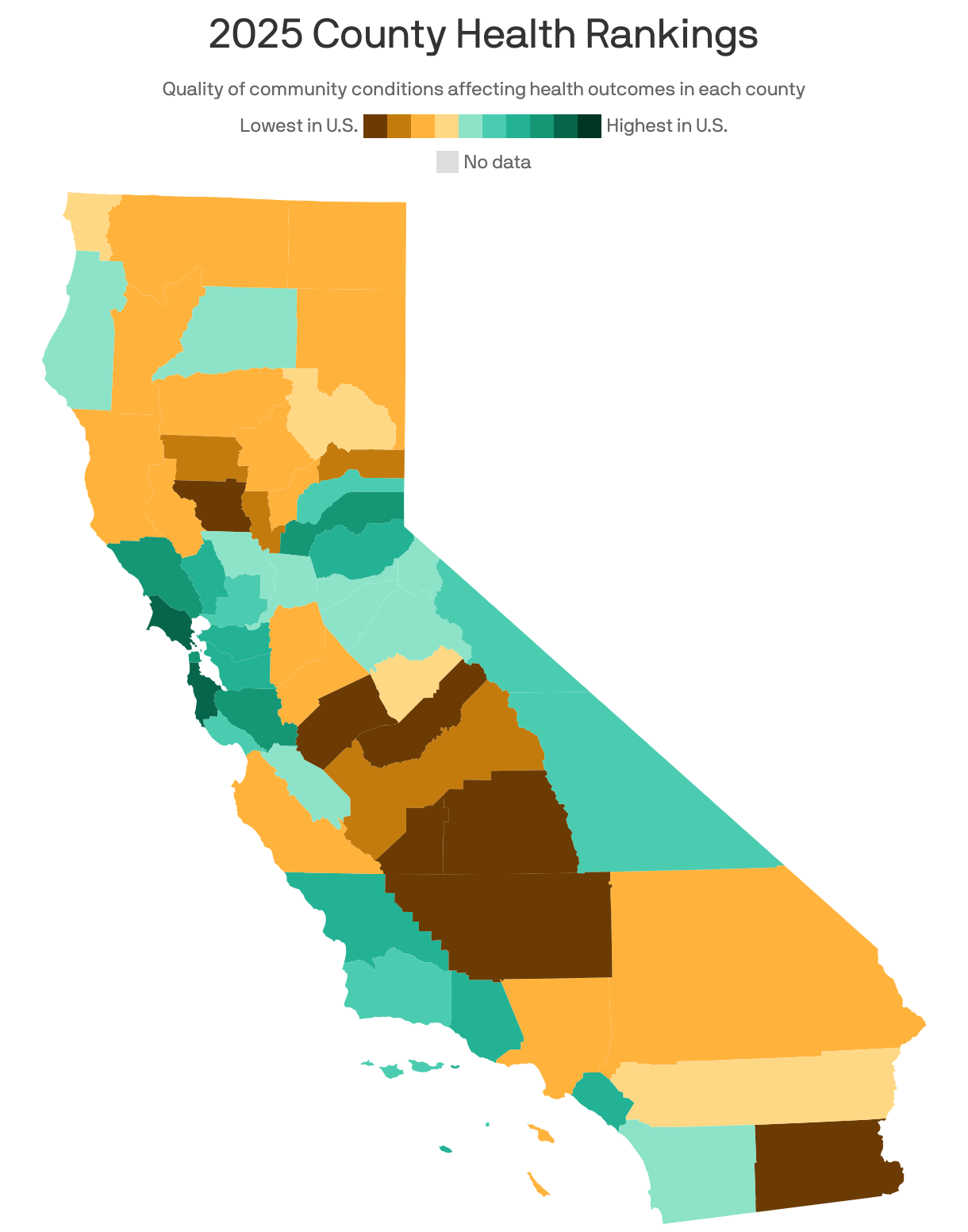 A choropleth map of California counties showing 2025 County Health Rankings. Counties were ranked by the quality of community conditions that affect local health outcomes, such as social and economic factors, physical environment and health infrastructure. Marin County, Calif. ranked the highest in the state, while Imperial County, Calif. ranked the lowest.