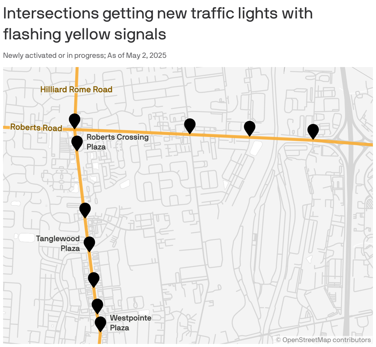 A map of Columbus, Ohio showing 10 intersections on Roberts Road and Hilliard Rome Road that are getting new traffic lights with flashing yellow signals. The intersections include ones at Roberts Crossing Plaza, Tanglewood Plaza and Westpointe Plaza.