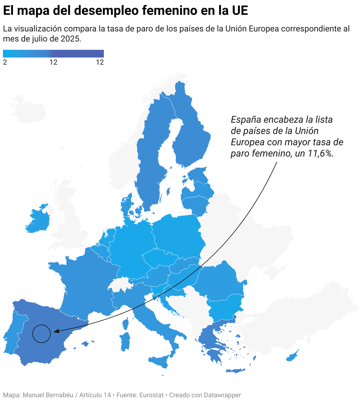 El mapa del desempleo femenino en la UE (Mapa coroplético)