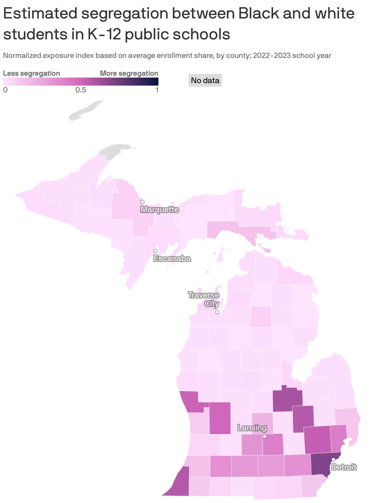 Choropleth map of U.S. counties showing the estimated level of segregation between Black and white students in K-12 public schools. Schools in counties in the southern U.S., southern California and Northeast tend to be more segregated than counties in the Pacific Northwest and Midwest.