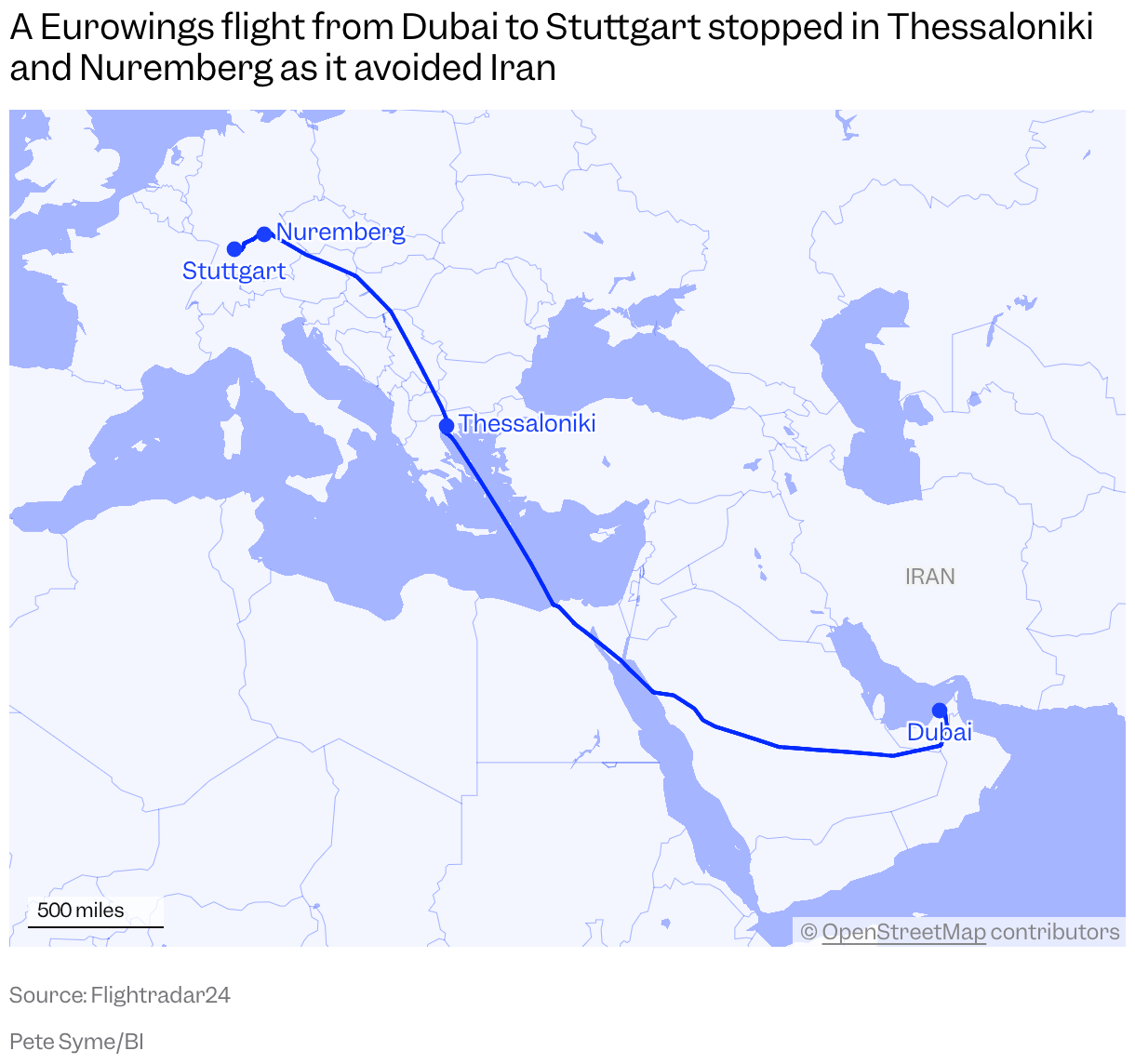 A map shows a flight path from Dubai to Thessaoliniki, then onto Nuremberg and finally to Stuttgart, with Iran also labelled.