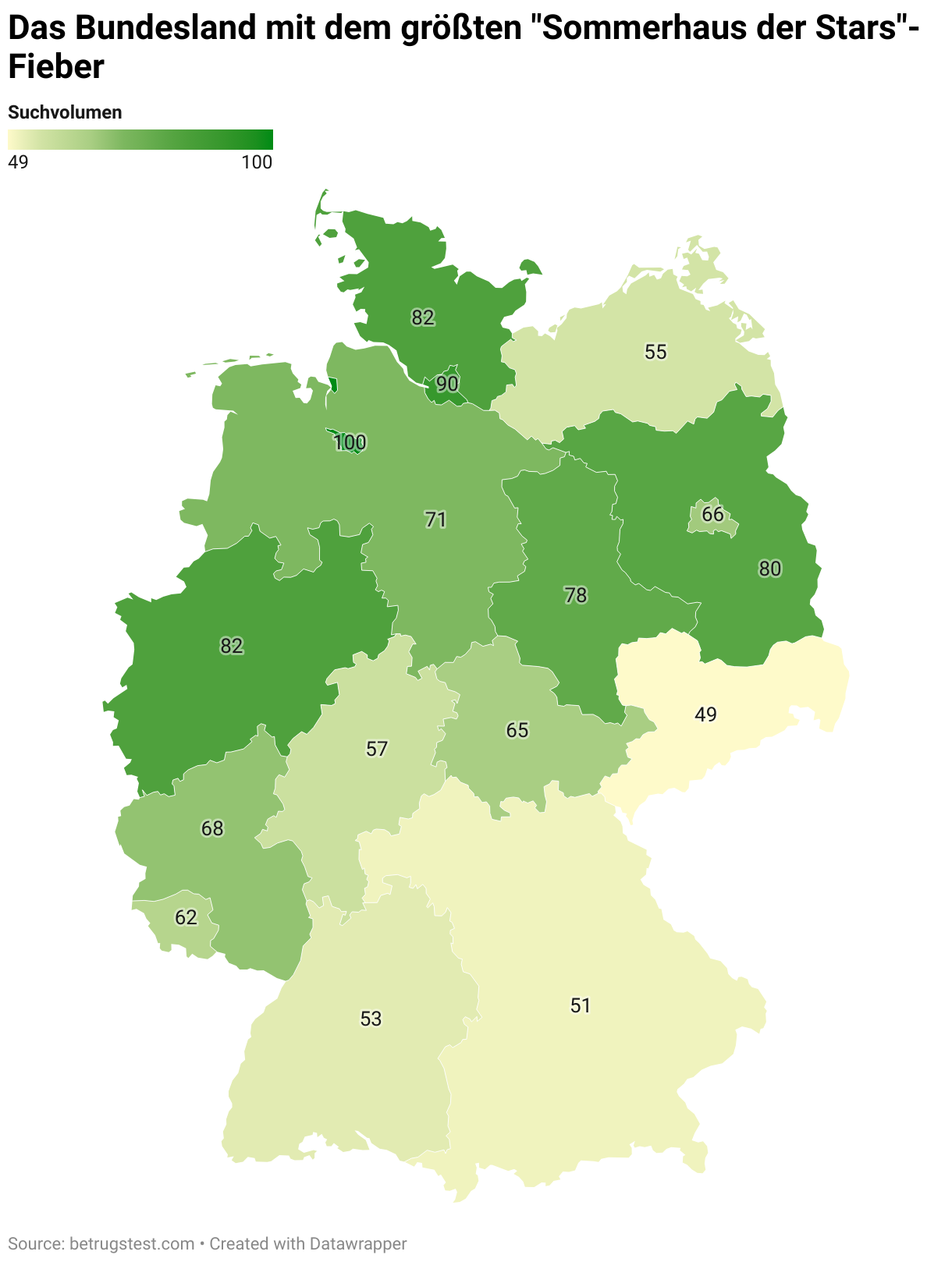 Eine Deutschlandkarte die abbildet, wo hierzulande am meisten ,,Sommerhaus der Stars‘‘ geschaut wird.