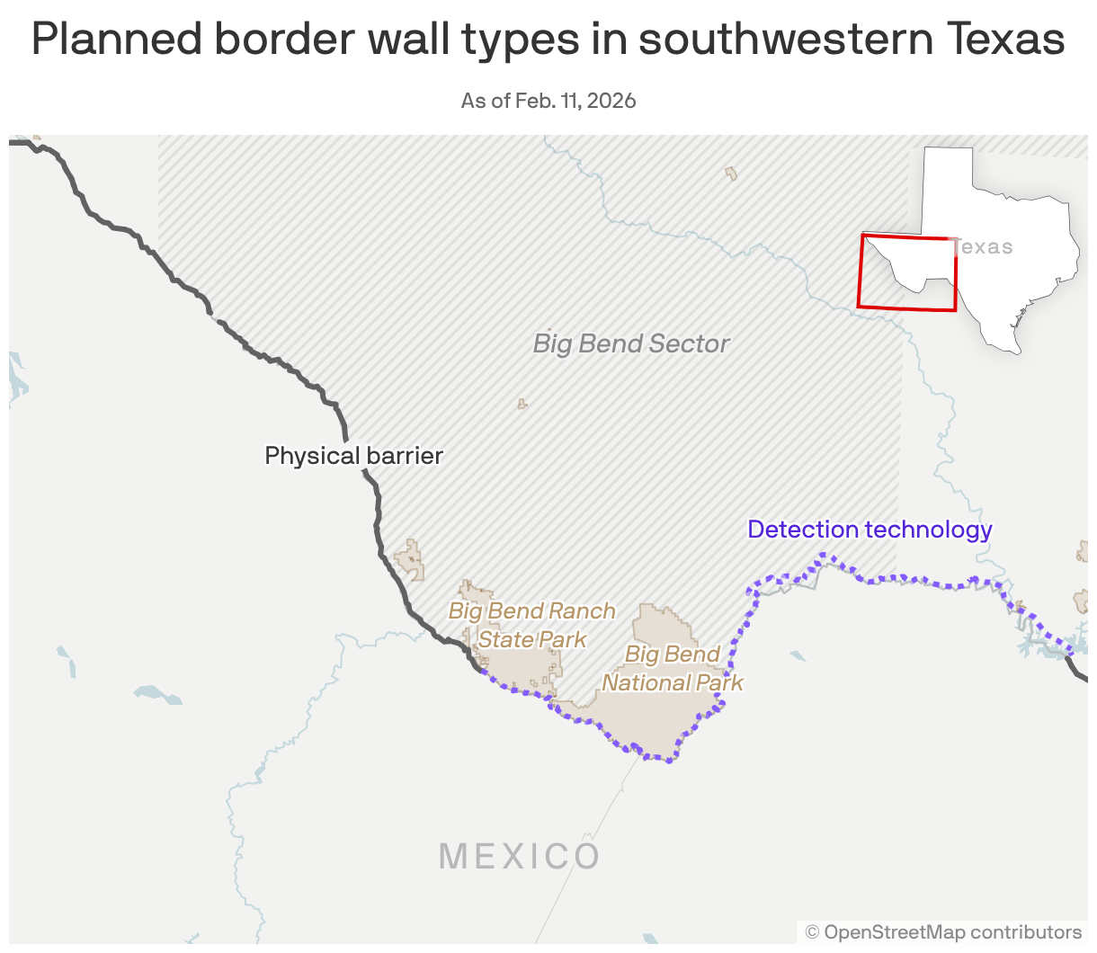 A map showing planned border wall types in southwestern Texas. Both physical barriers and detection technology are planned.