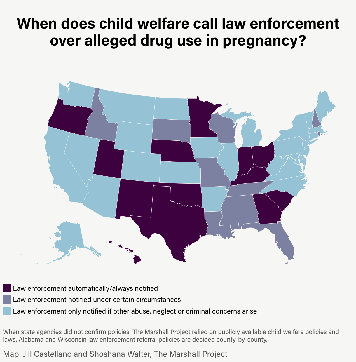 A map distinguishing states where referrals to law enforcement over alleged substance use during pregnancy happen automatically, under certain circumstances or only if other abuse, neglect or criminal concerns arise.