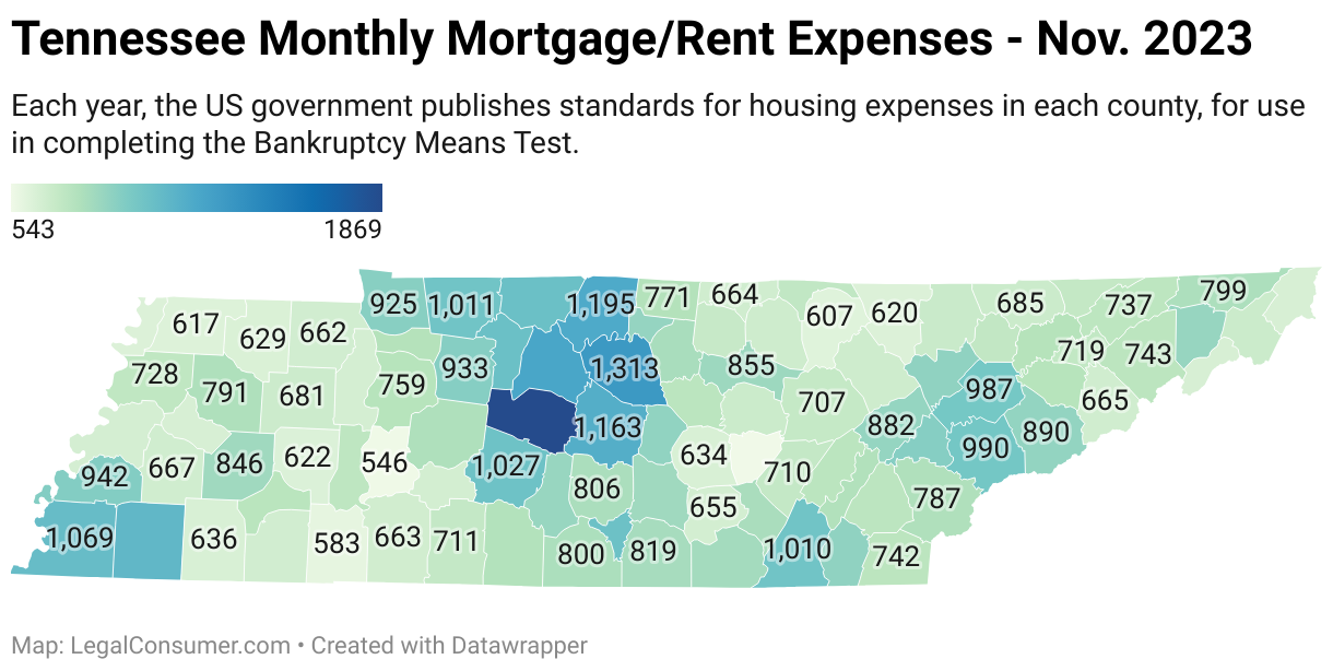 Map of Tennessee Housing Expenses for Bankruptcy Means Test