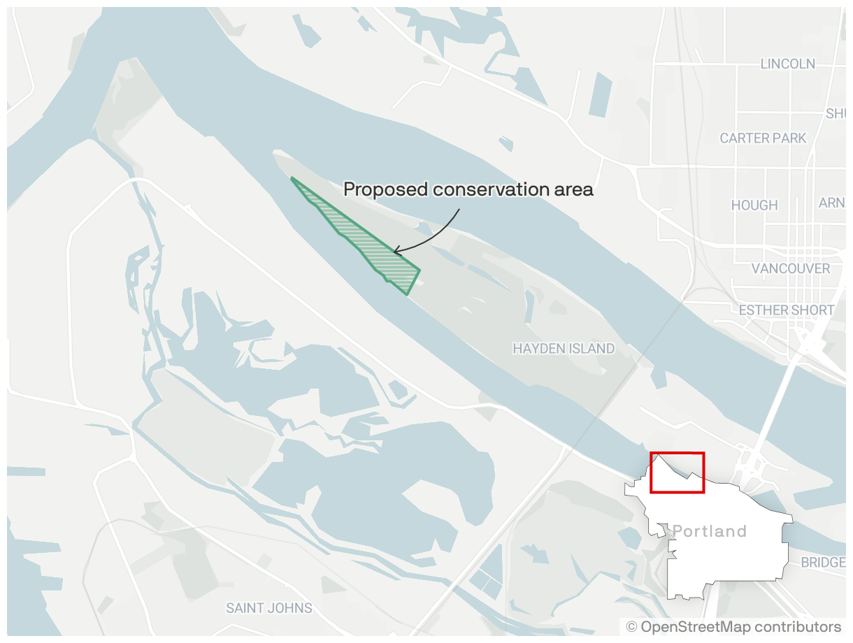 A map showing a proposed 65-acre conservation area on the western tip of Hayden Island.