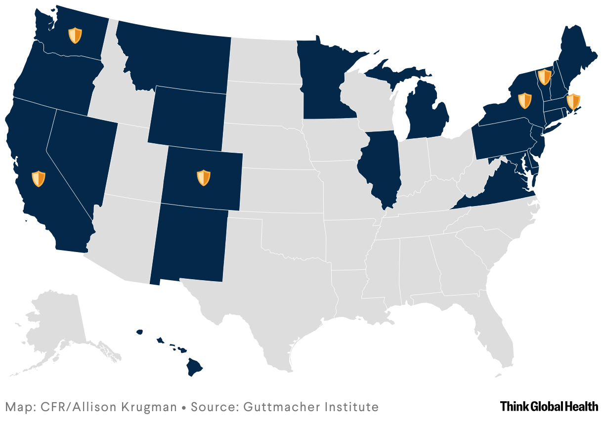 24 states highlighted that allow telehealth, 6 states with "shield" laws