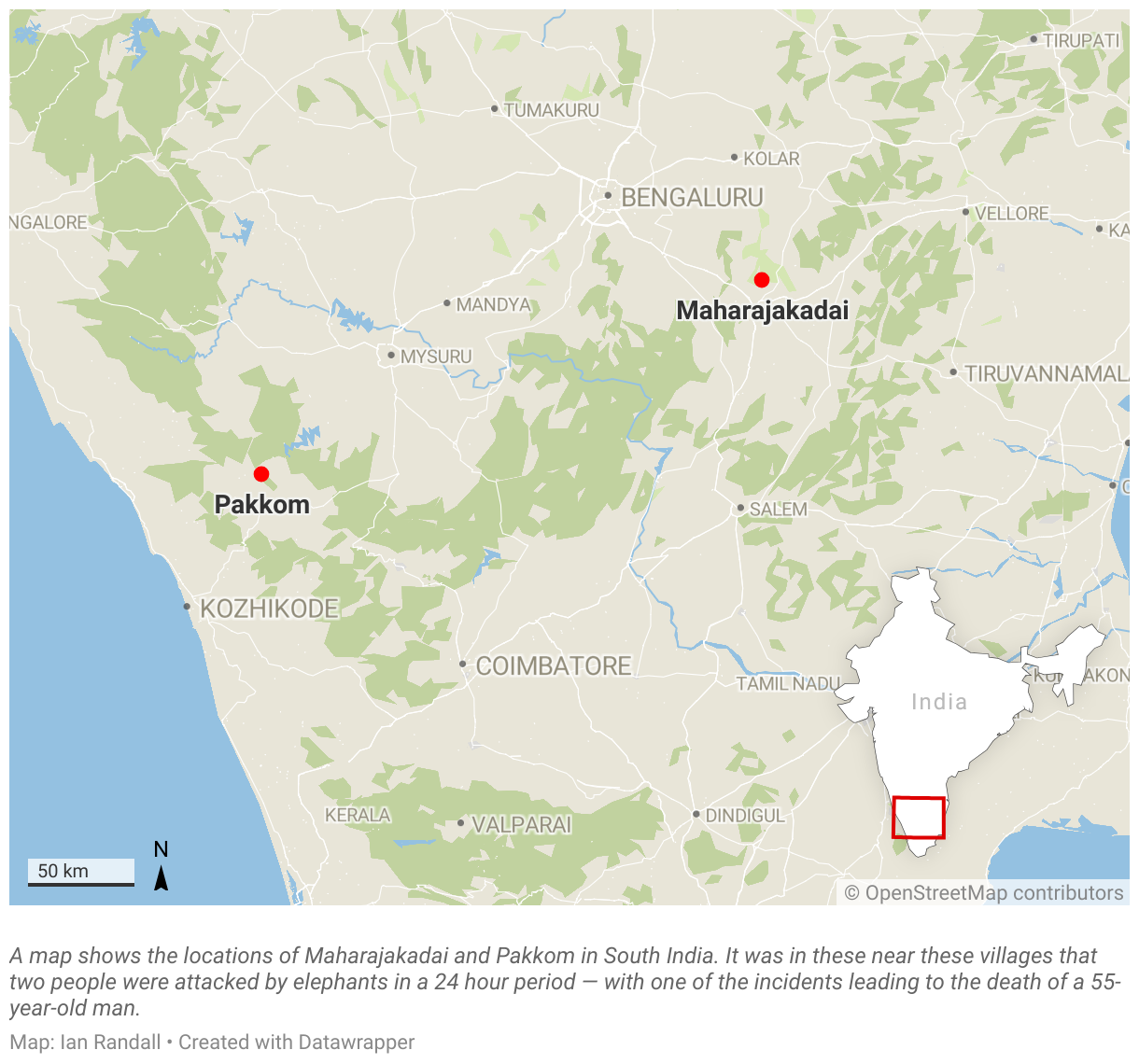 На карте показано расположение деревень Махараджакадай и Пакком в Южной Индии.