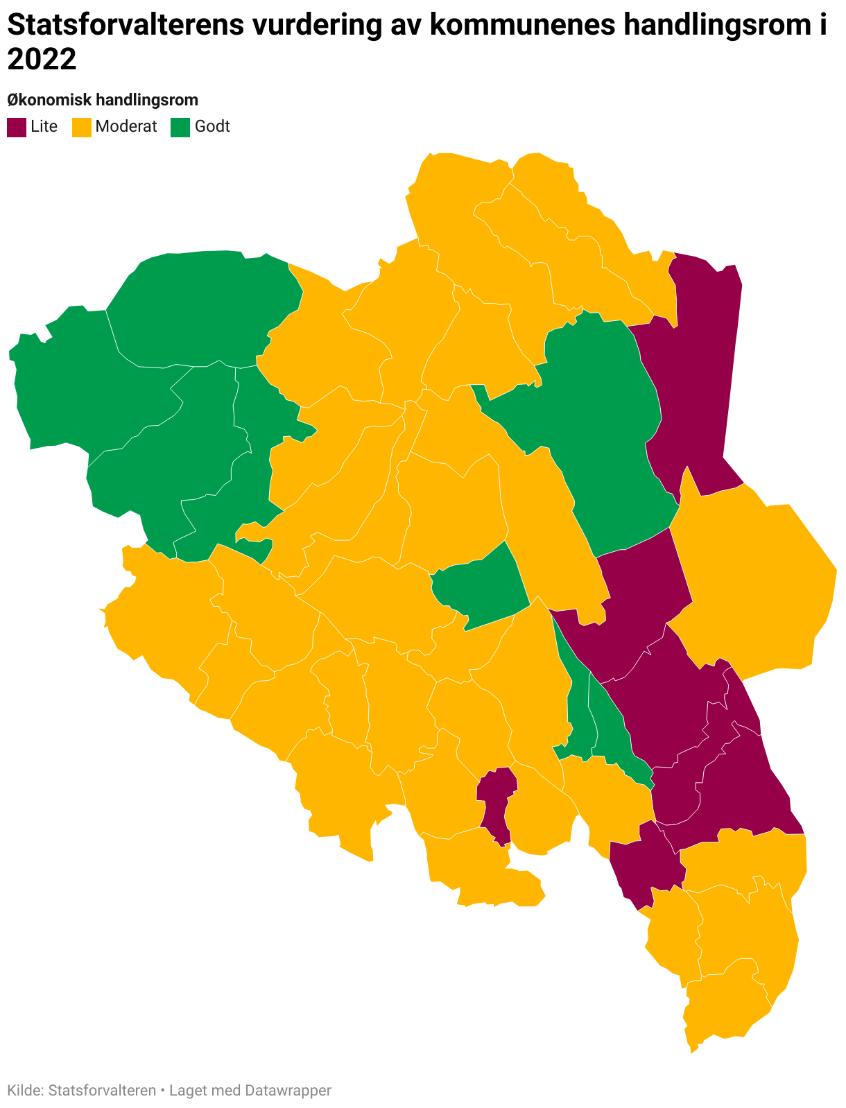 Kart som viser kommuneøkonomien i 2022 for kommunene i Innlandet. Fargene rødt, gult og grønt er brukt for illustrere økonomien i kartet.