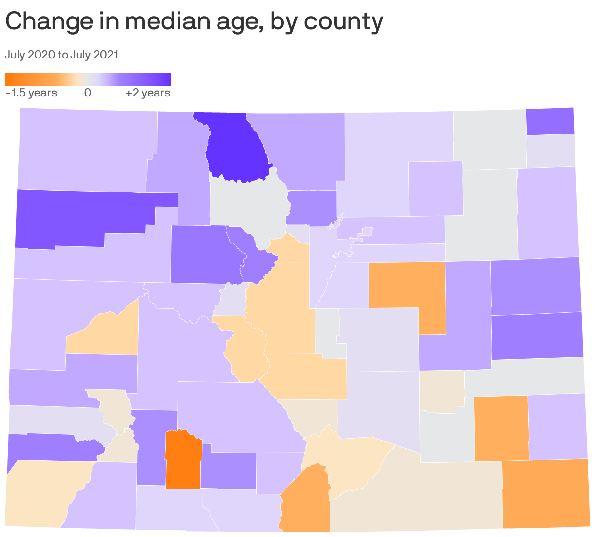 Change in median age, by county