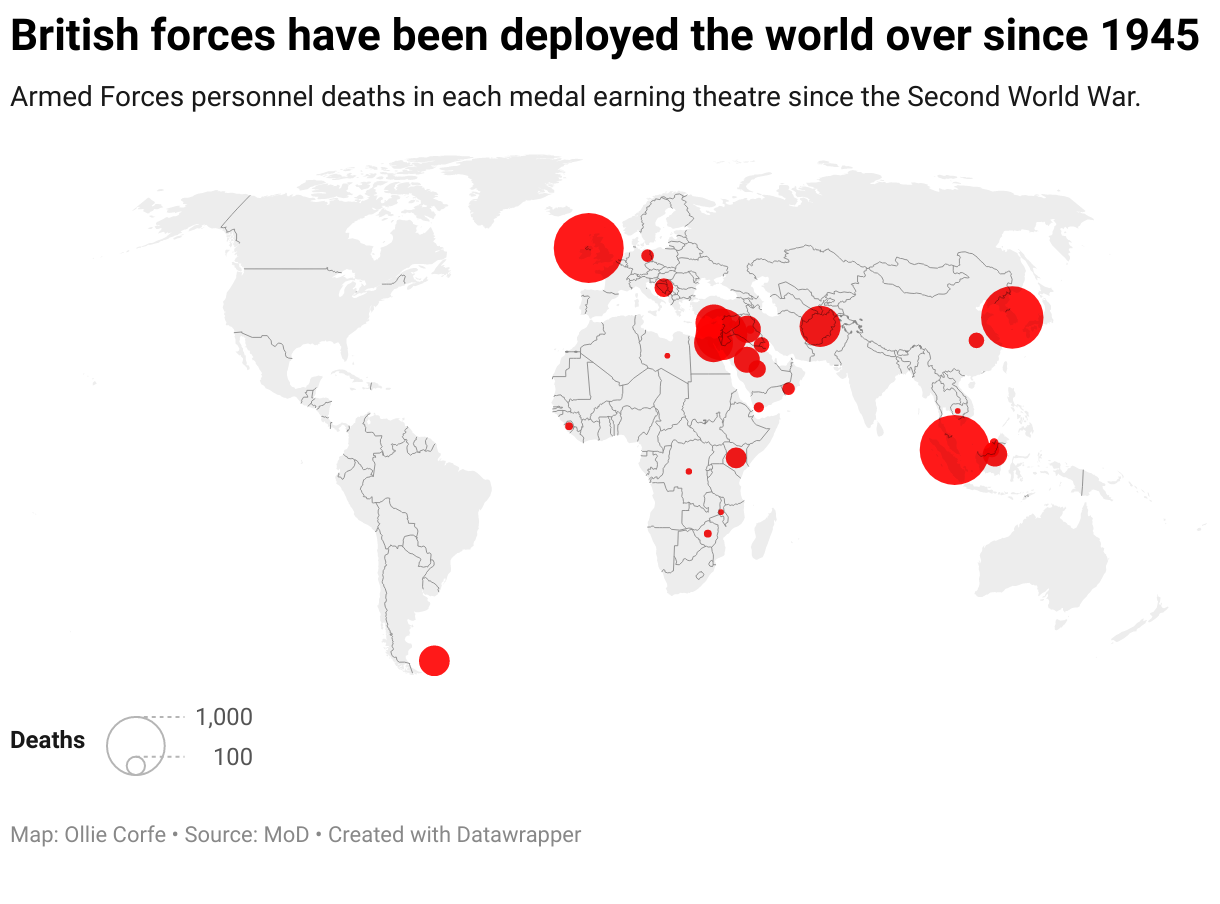 Map displaying Armed Forces deaths in each theatre of war.