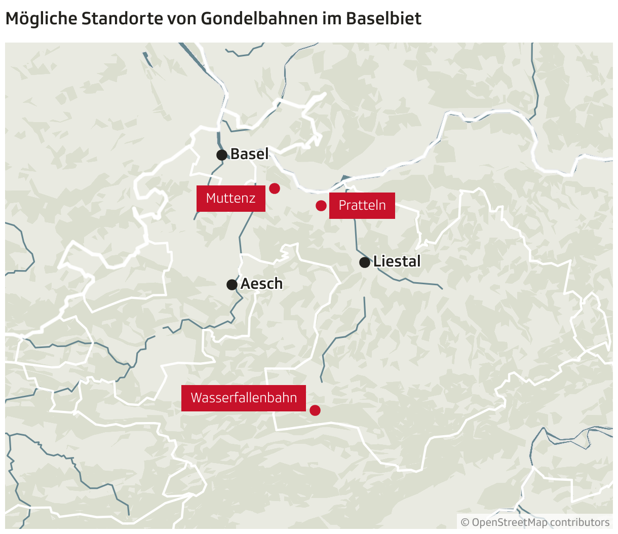 Mögliche Standorte von Gondelbahnen im Baselbiet (Locator-Karte)