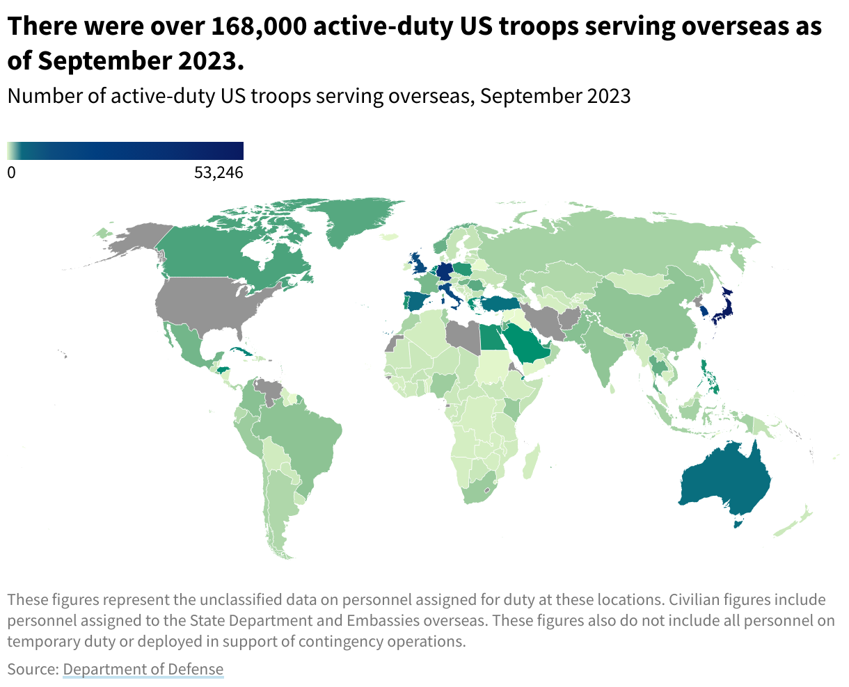 A map of the world depicting the number of active-duty US troops by country as of September 2023. 