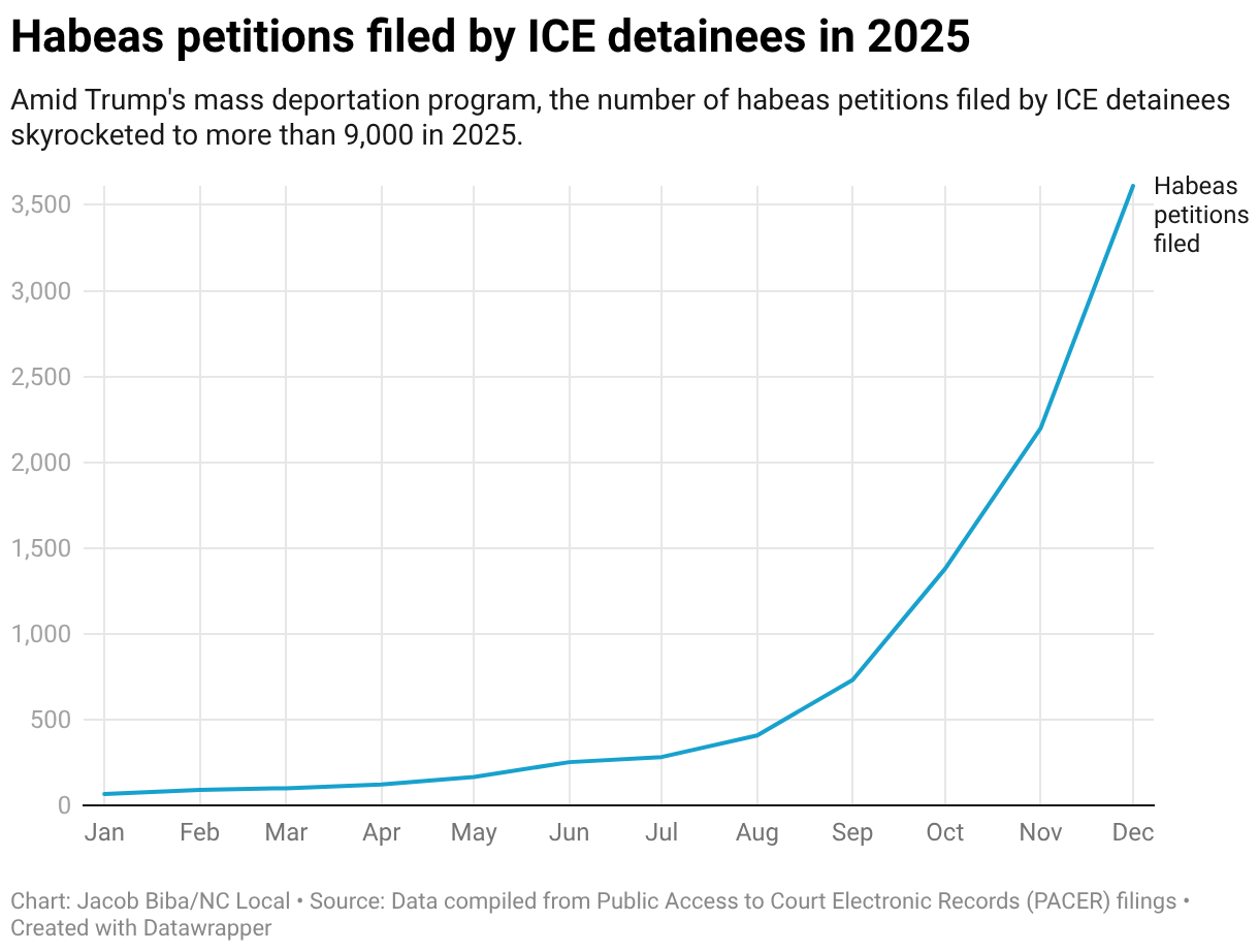 Habeas petitions filed by ICE detainees in 2025 (Line chart)