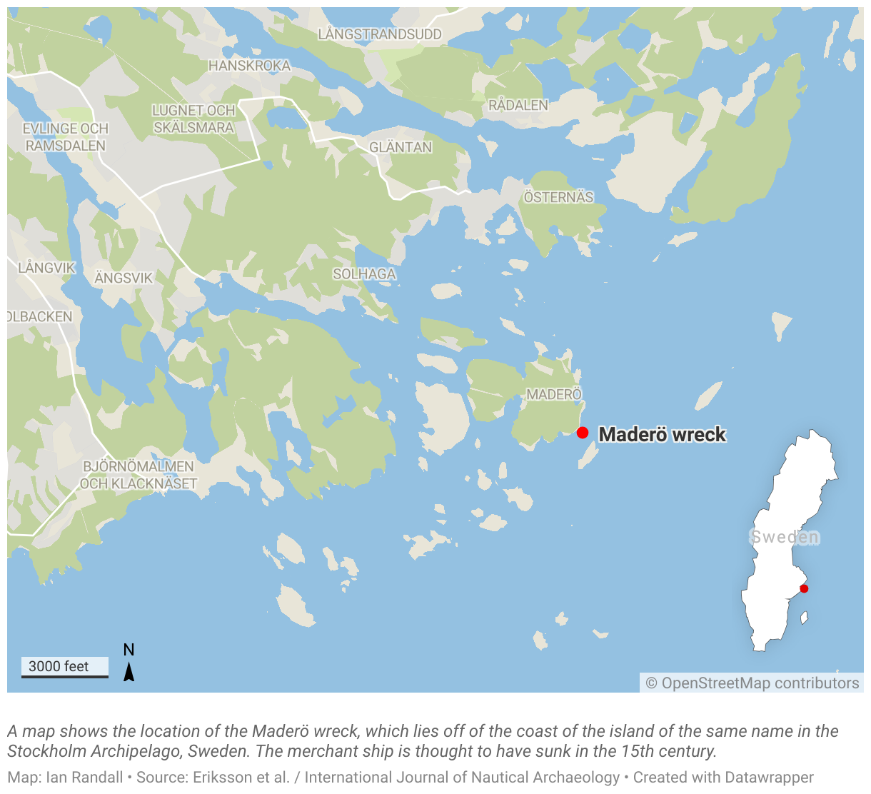 A map shows the location of the Maderö wreck, which lies off of the coast of the island of the same name in the Stockholm Archipelago, Sweden.