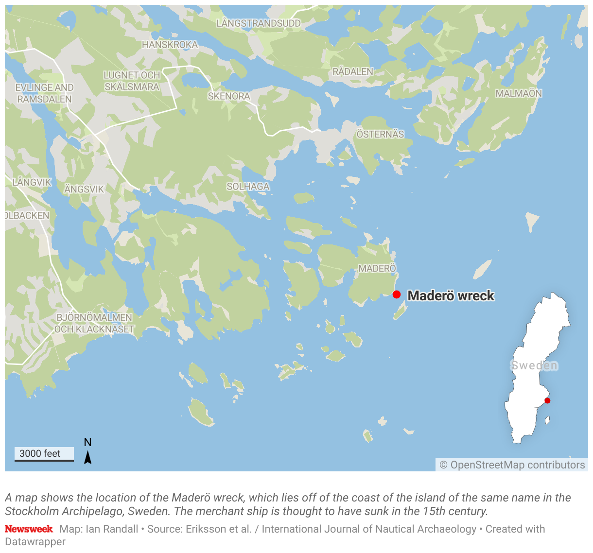 A map shows the location of the Maderö wreck, which lies off of the coast of the island of the same name in the Stockholm Archipelago, Sweden.