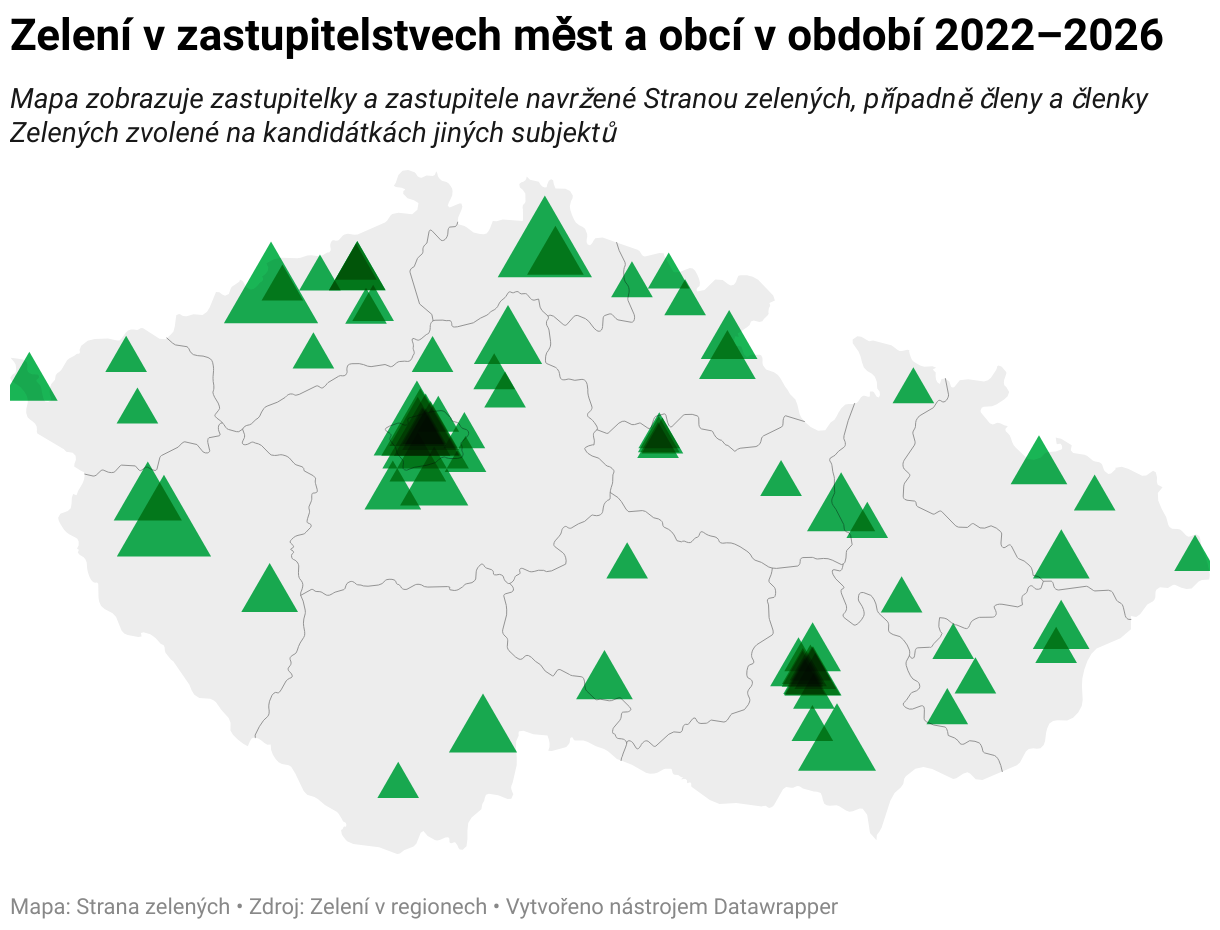 Mapa zobrazuje města, obce a městské části, v jejichž zastupitelstvech Zelení působí