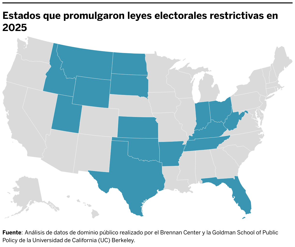 Estados que promulgaron leyes electorales restrictivas en 2025 (Choropleth map)
