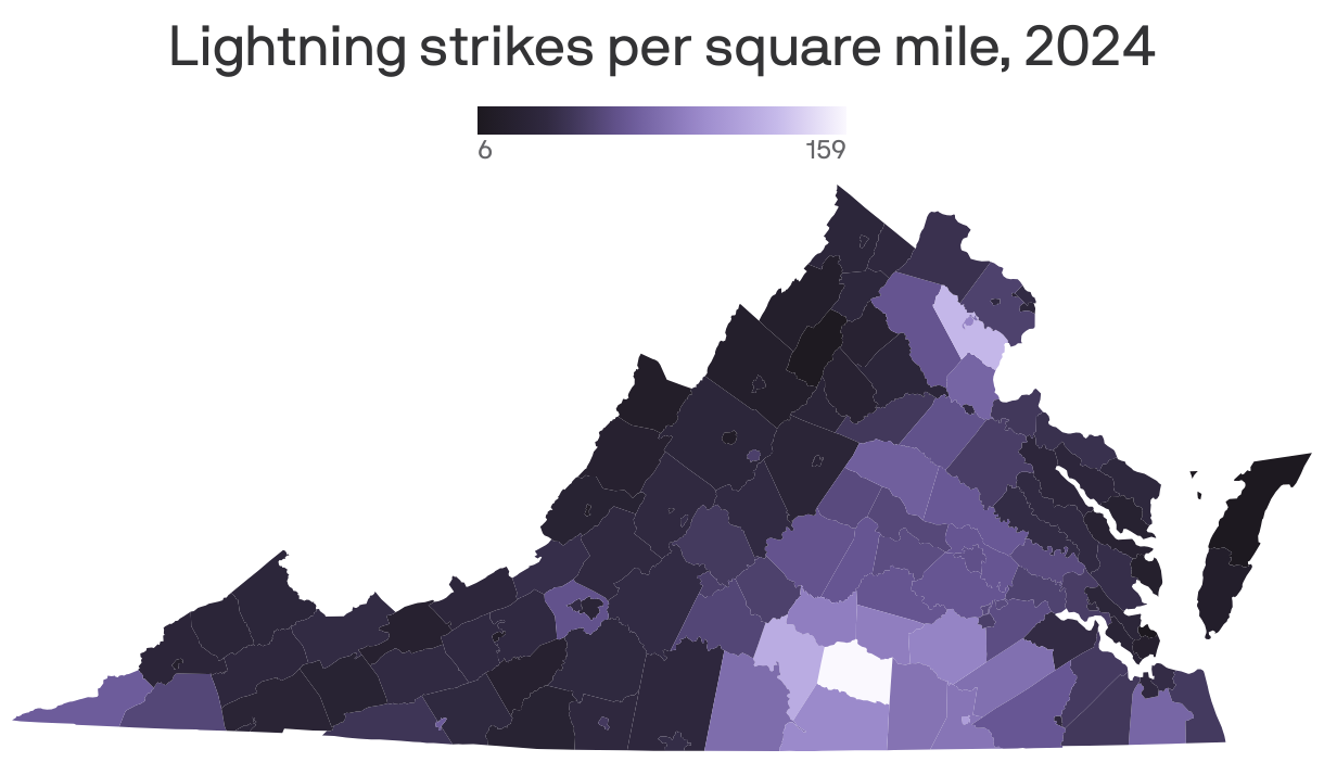 A map showing lightning strikes per square mile in 2024.