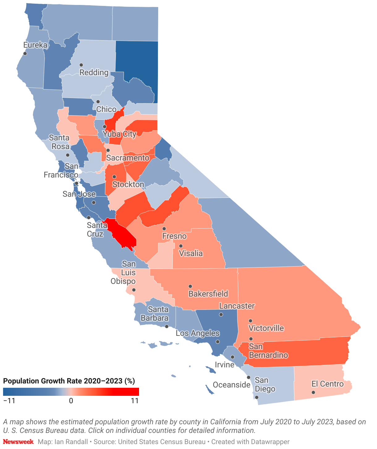 A map shows the estimated population growth rate by county in California from July 2020 to July 2023, based on U. S. Census Bureau data.