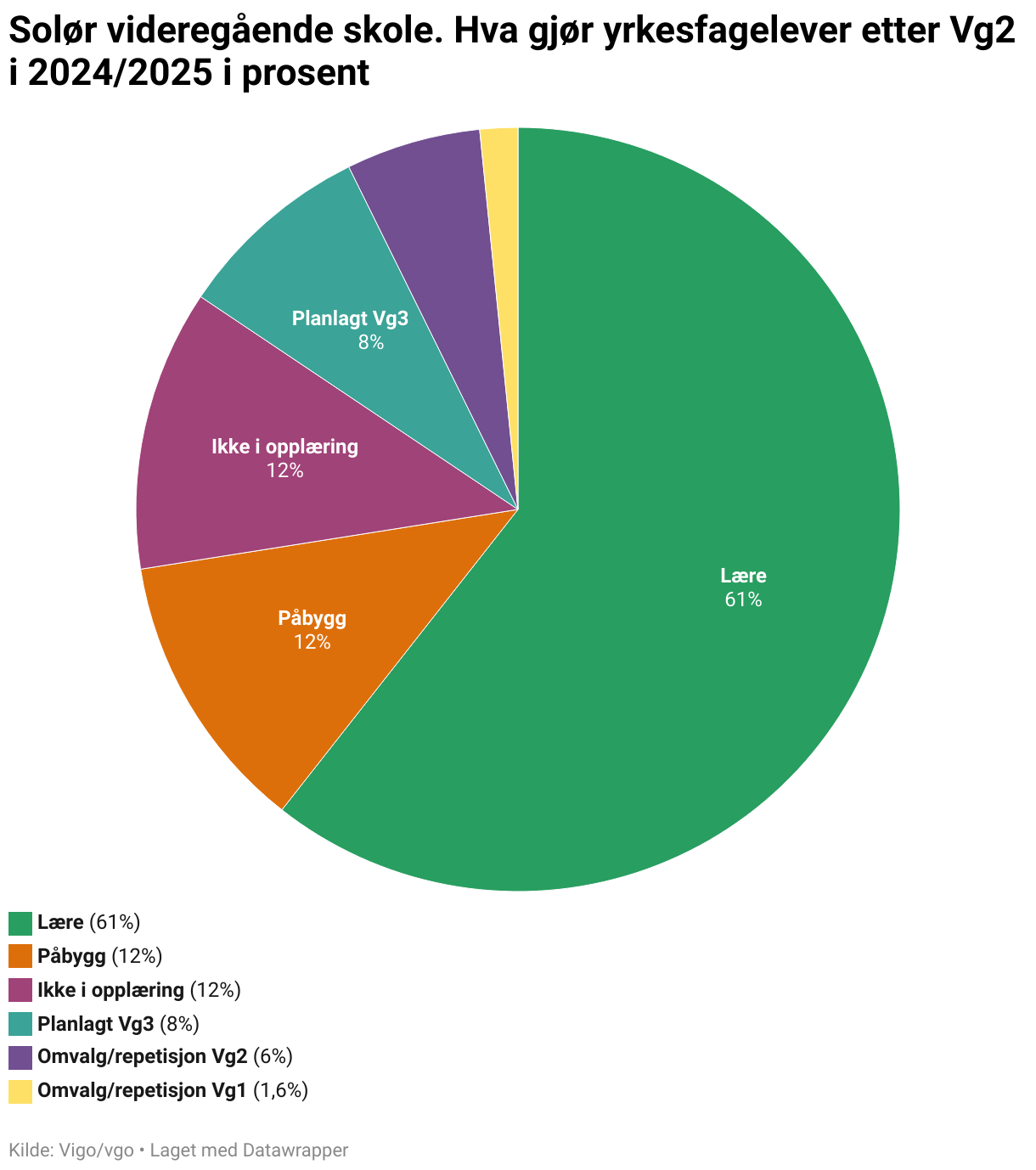 Solør videregående skole. Hva gjør yrkesfagelever etter Vg2 i 2024/2025 i prosent (Pie Chart)