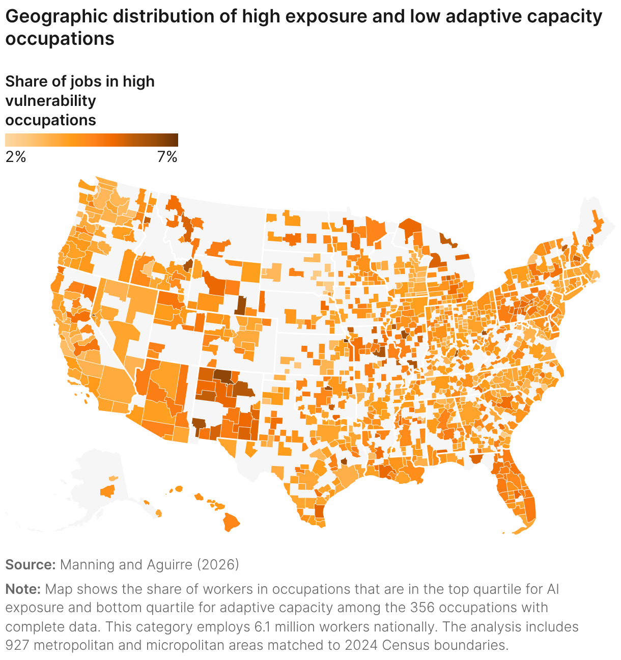 Geographic distribution of high exposure and low adaptive capacity occupations (Choropleth map)