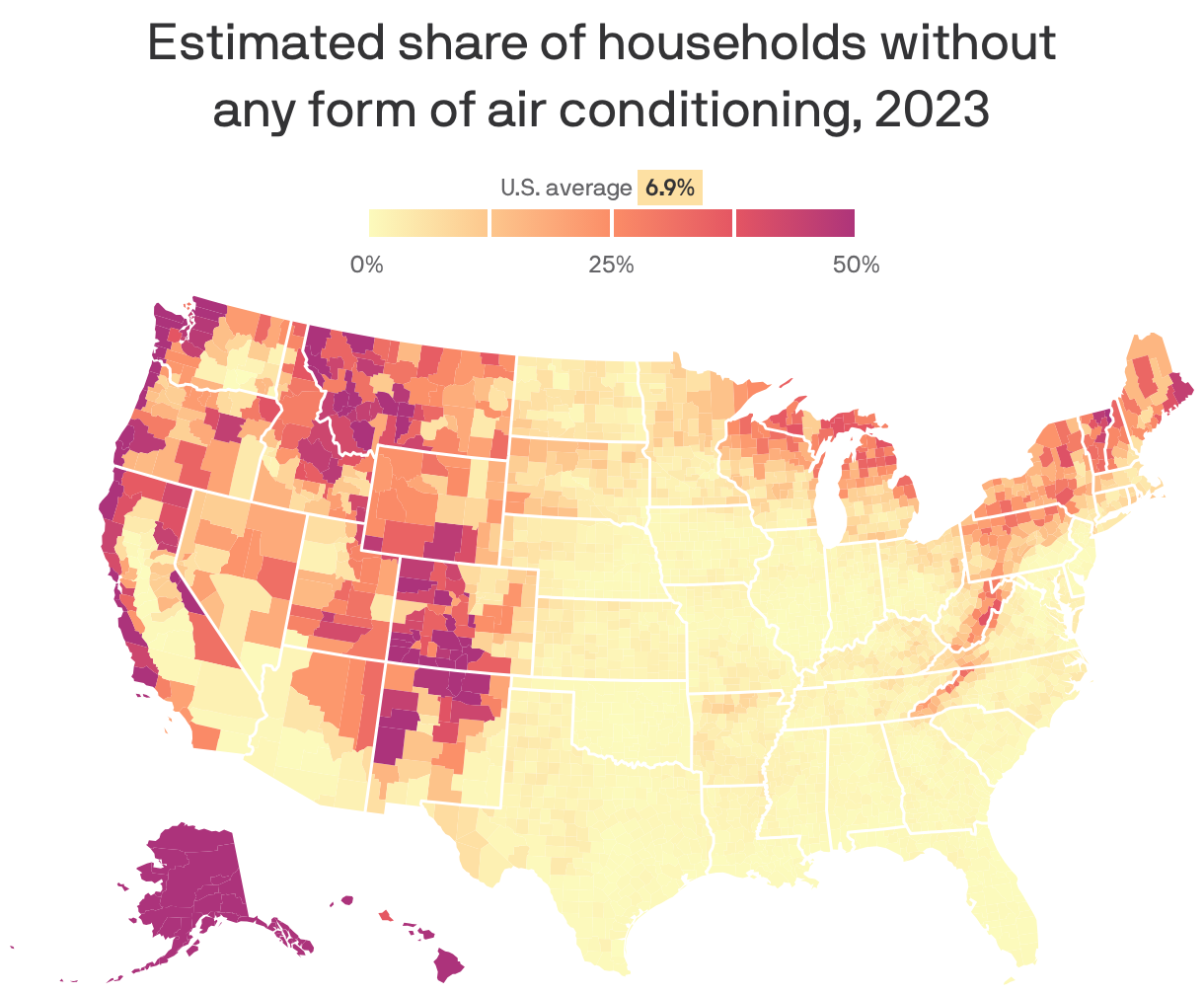 A choropleth map of the United States showing the estimated share of households without any form of air conditioning, by county, in 2023. Overall, 6.9% of households in the U.S. lacked AC. Rates were much higher in Alaska, Hawaii, the west, and Appalachia. The county in the contiguous U.S. with the highest share without AC was San Francisco County in California, at 65.4%. The county with the highest number of households without AC was Los Angeles County, at 702 thousand.