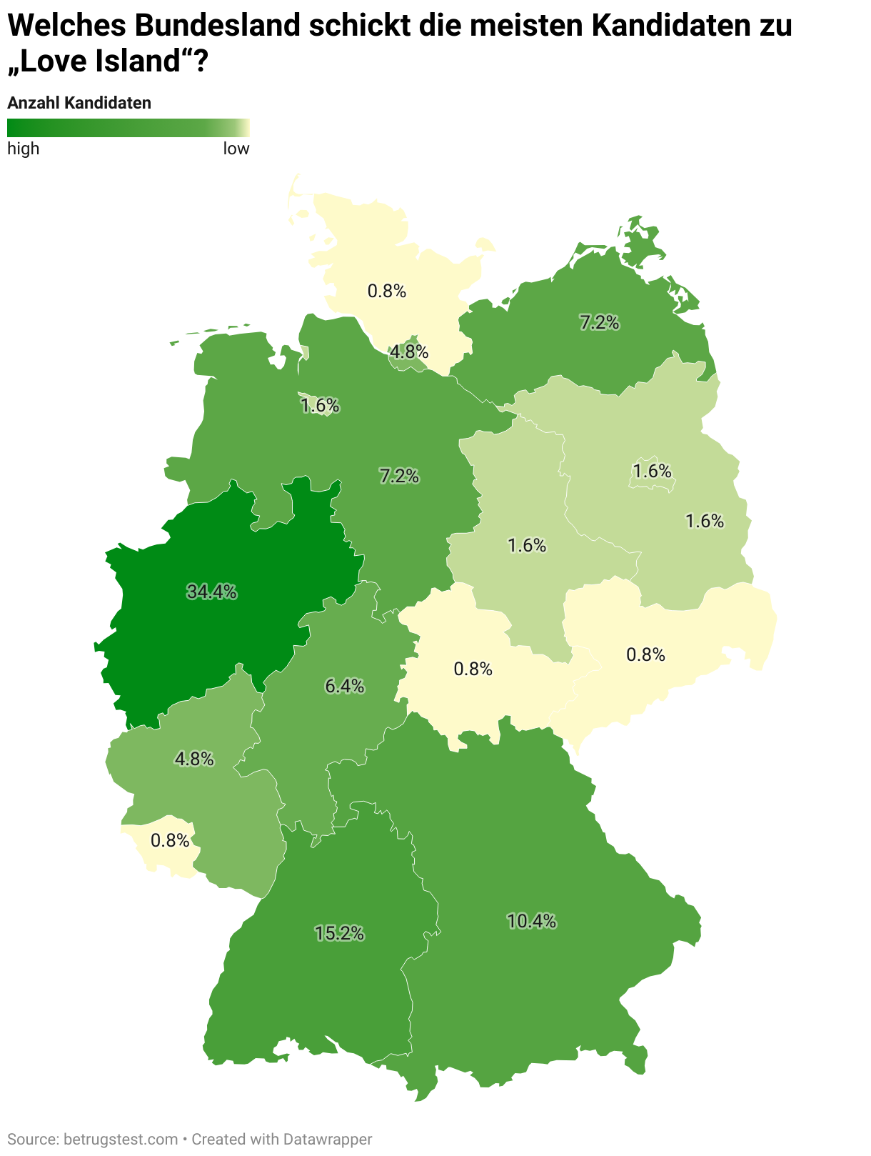 Deutschlandkarte, die zeigt, woher die meisten Love Island Teilnehmer und Teilnehmerinnen kommen.