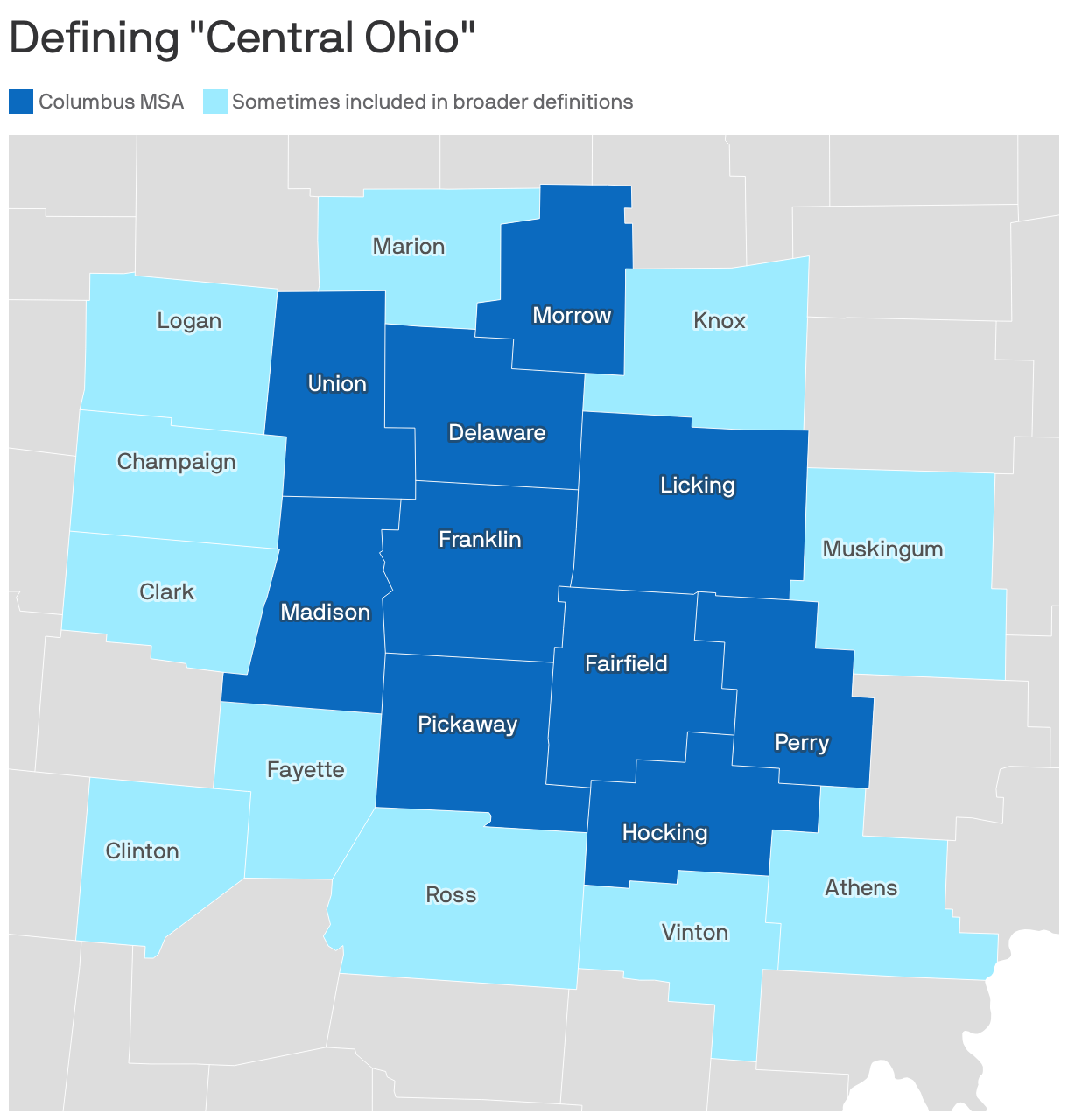 A map of counties across what is considered the "Central Ohio" region, with the Columbus Metropolitan Statistical Area in dark blue and counties sometimes included in broader definitions (around the outer ring) in lighter blue.