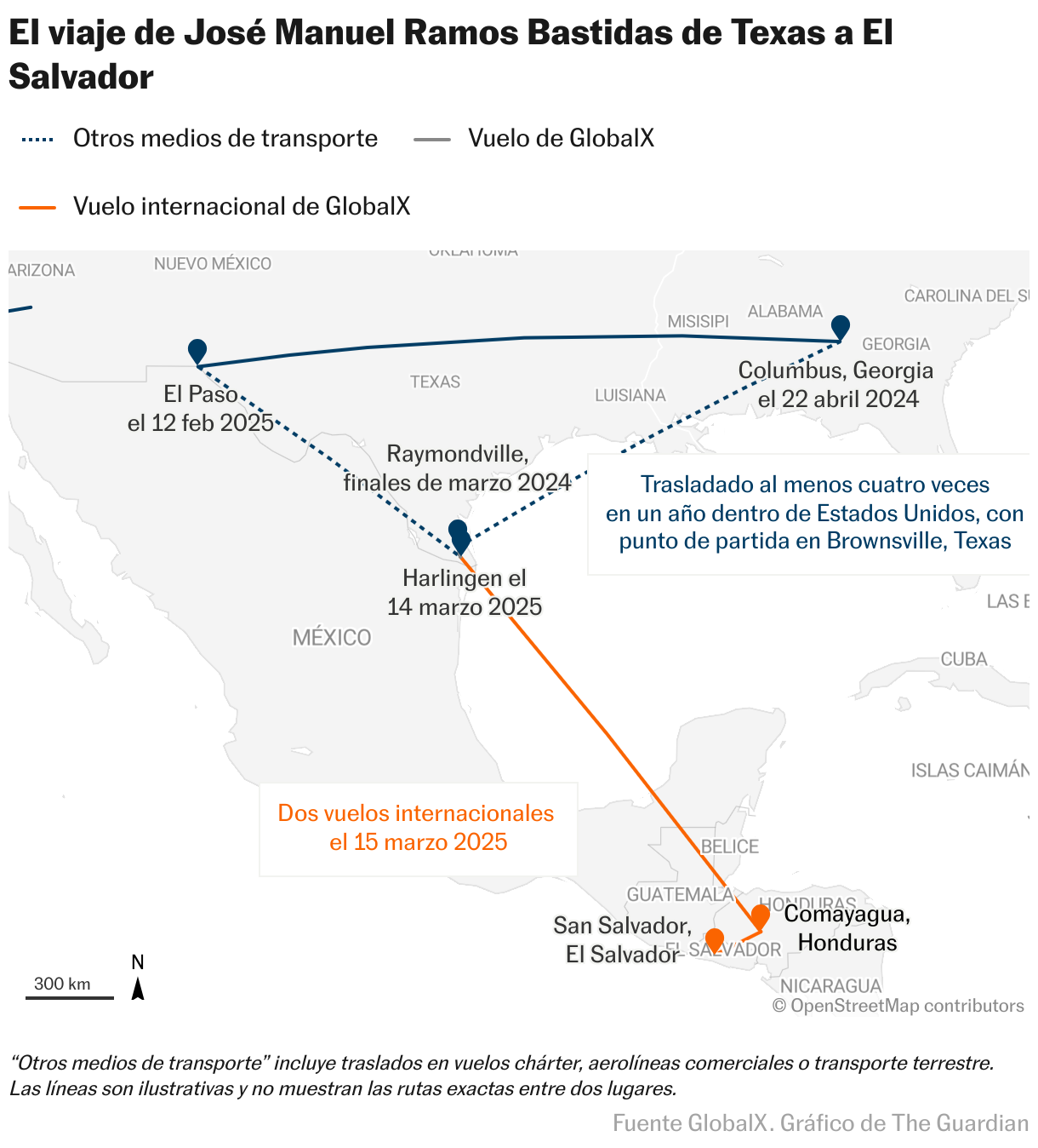 El viaje de José Manuel Ramos Bastidas de Texas a El Salvador (Mapas de ubicación)