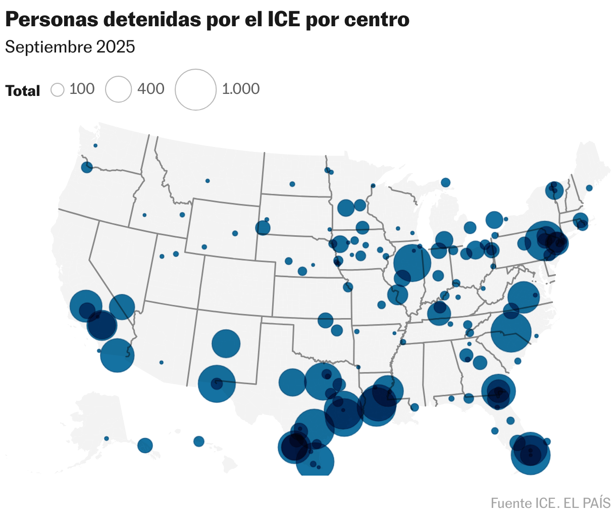 Personas detenidas por el ICE por centro (Mapa del símbolo)