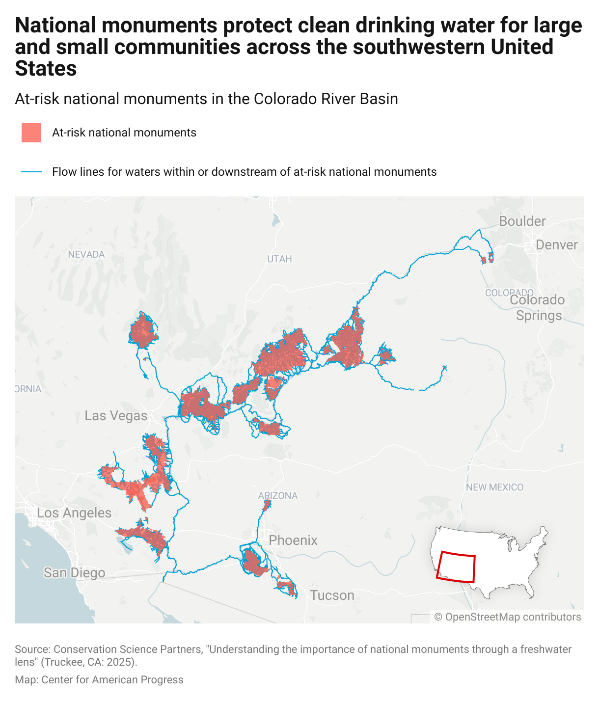 Map showing at-risk national monuments and the waters within or downstream of the monuments within the Colorado River Basin.