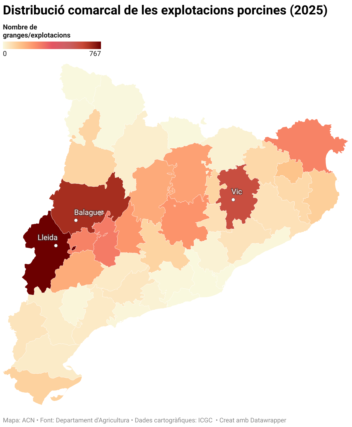 Distribució comarcal de les explotacions porcines (2025) (Choropleth map)