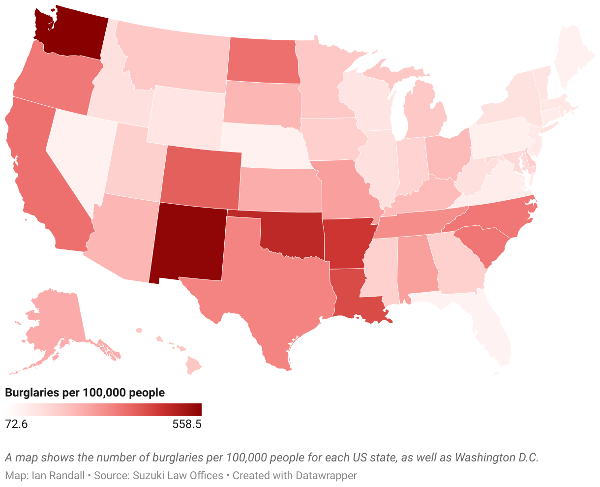 A map shows the number of burglaries per 100,000 people for each US state.